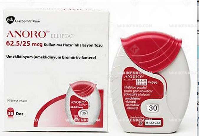 ANORO ELLIPTA 62,5/25 MCG KULLANIMA HAZIR INHALASYON TOZU, 30 DOZ 1 ANORO ELLIPTA 625 25 MCG KULLANIMA HAZIR INHALASYON TOZU 30 DOZ 19476
