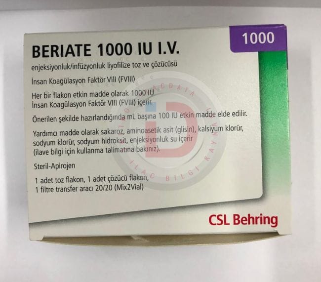BERIATE 1000 IU IV ENJEKSIYONLUK / INFUZYONLUK LIYOFILIZE TOZ VE COZUCUSU 1 BERIATE 1000 IU IV ENJEKSIYONLUK INFUZYONLUK LIYOFILIZE TOZ VE COZUCUSU 19915