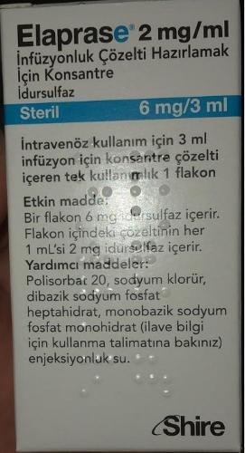 ELAPRASE 2 MG/ ML INFUZYONLUK COZELTI HAZIRLAMAK ICIN KONSANTRE (1 FLAKON) 1 ELAPRASE 2 MG ML INFUZYONLUK COZELTI HAZIRLAMAK ICIN KONSANTRE 1 FLAKON 21277
