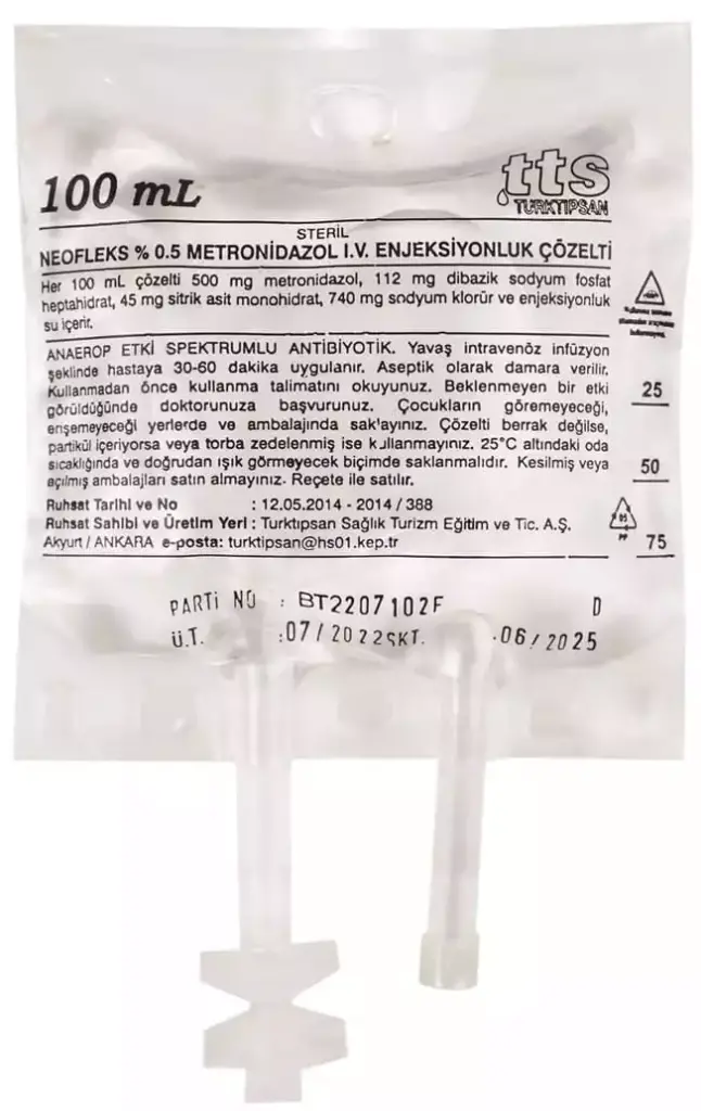 NEOFLEKS %0,5 METRONIDAZOL I.V. ENJEKSIYONLUK COZELTI (100 ML, SETSIZ) 1 NEOFLEKS 05 METRONIDAZOL I.V. ENJEKSIYONLUK COZELTI 100 ML SETSIZ 23566