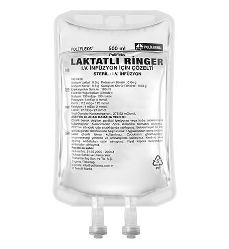 POLIFLEKS LAKTATLI RINGER SOLUSYONU 150 ML (PVC TORBA) SETSIZ 1 POLIFLEKS LAKTATLI RINGER SOLUSYONU 150 ML PVC TORBA SETSIZ 24670