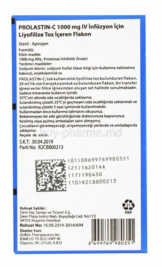 PROLASTIN-C 1000 MG IV INFUZYON ICIN LIYOFILIZE TOZ ICEREN 1 FLAKON 1 PROLASTIN C 1000 MG IV INFUZYON ICIN LIYOFILIZE TOZ ICEREN 1 FLAKON 24809