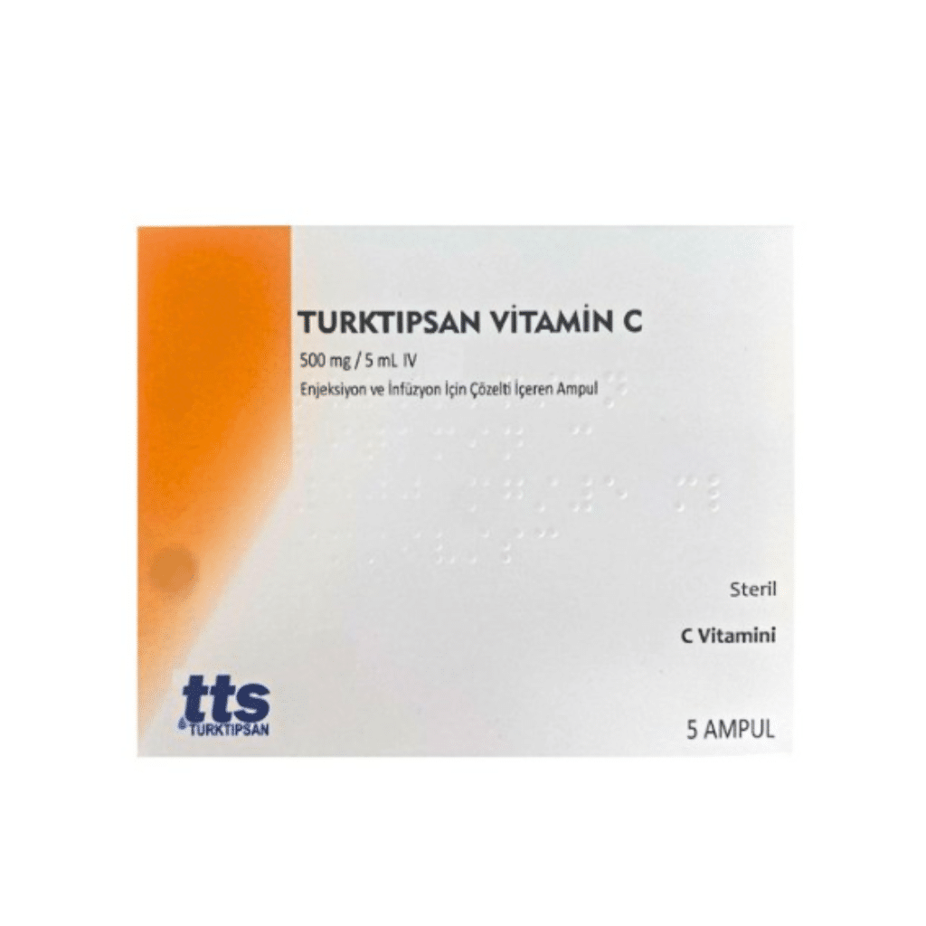 TURKTIPSAN VITAMIN C 500 MG/5 ML IM/IV ENJEKSIYON VE INFUZYON ICIN COZELTI ICEREN AMPUL (5 AMPUL) 1 TURKTIPSAN VITAMIN C 500 MG 5 ML IM IV ENJEKSIYON VE INFUZYON ICIN COZELTI ICEREN AMPUL 5 AMPUL 26111